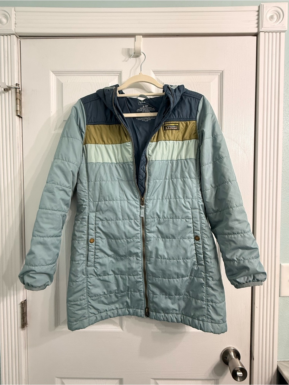 L.L. Bean Sky Blue Quilted Hooded Puffer with Olive & Navy Yoke